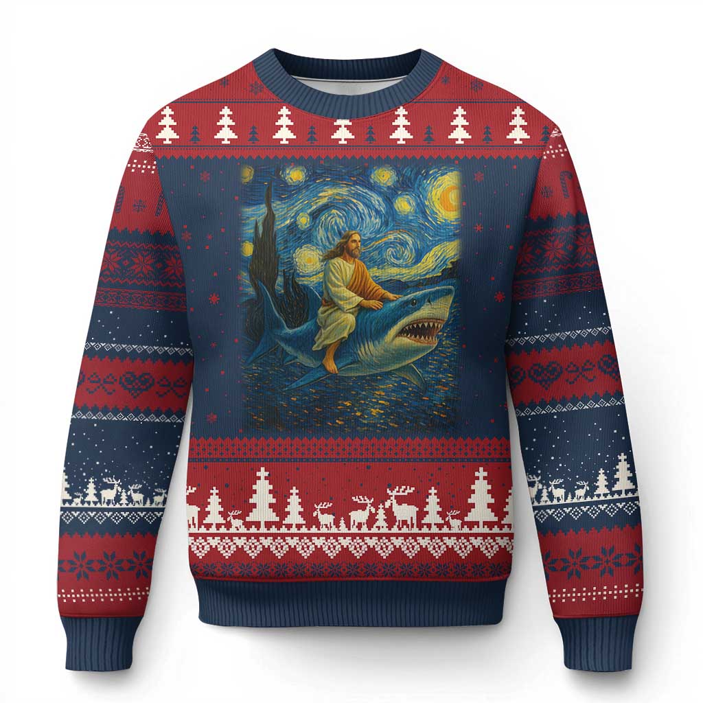 Jesus Shark Stary Night Ugly Christmas Sweater Artist Van Gogh Christian TS14 Navy Red Print Your Wear