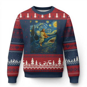 Jesus Shark Stary Night Ugly Christmas Sweater Artist Van Gogh Christian TS14 Navy Red Print Your Wear