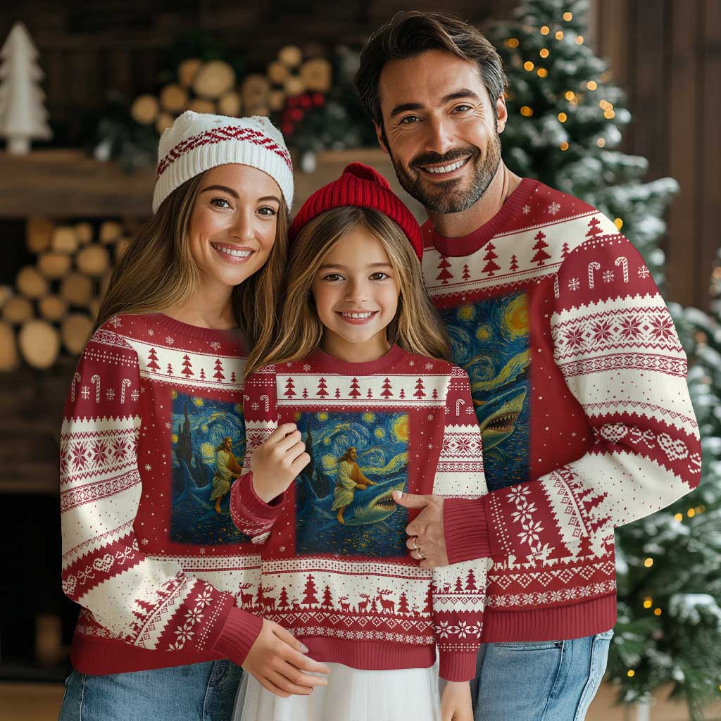 Jesus Shark Stary Night Ugly Christmas Sweater Artist Van Gogh Christian TS14 Red Beige Print Your Wear