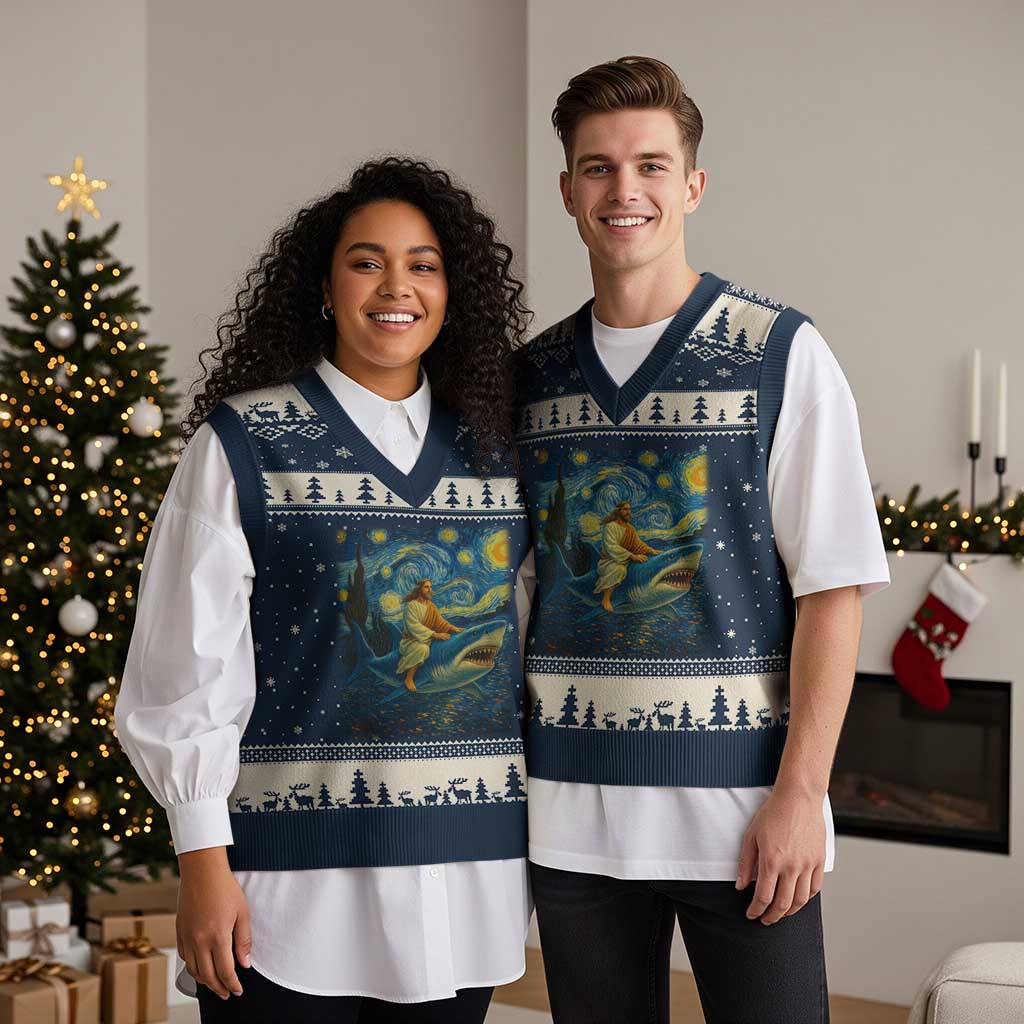 Jesus Shark Stary Night V-Neck Knit Sweater Vest Artist Van Gogh Christian TS14 Navy Beige Print Your Wear