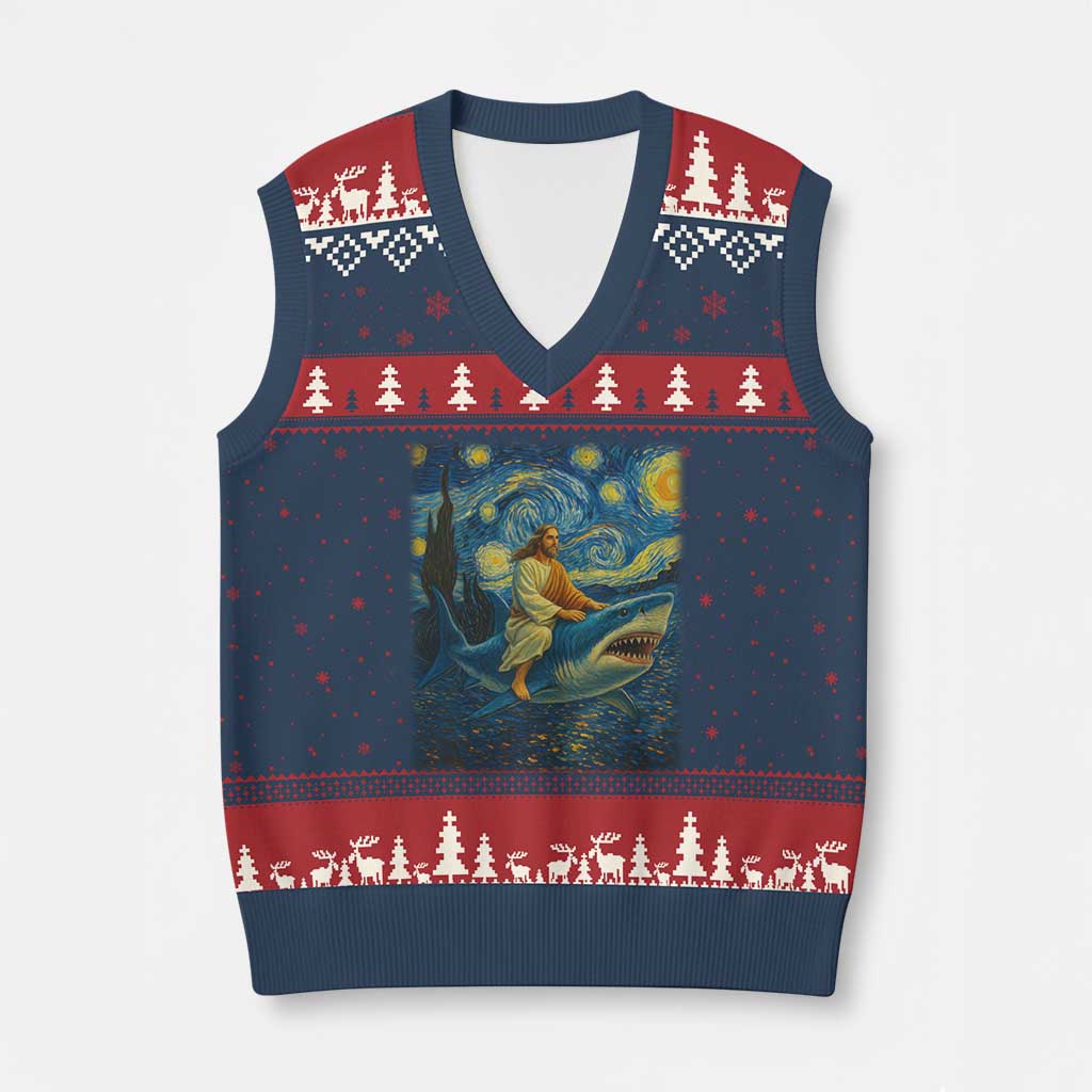 Jesus Shark Stary Night V-Neck Knit Sweater Vest Artist Van Gogh Christian TS14 Navy Red Print Your Wear