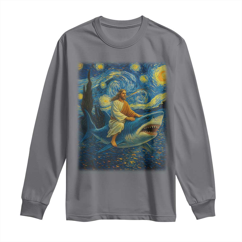 Jesus Shark Stary Night Long Sleeve Shirt Artist Van Gogh Christian TS14 Charcoal Print Your Wear