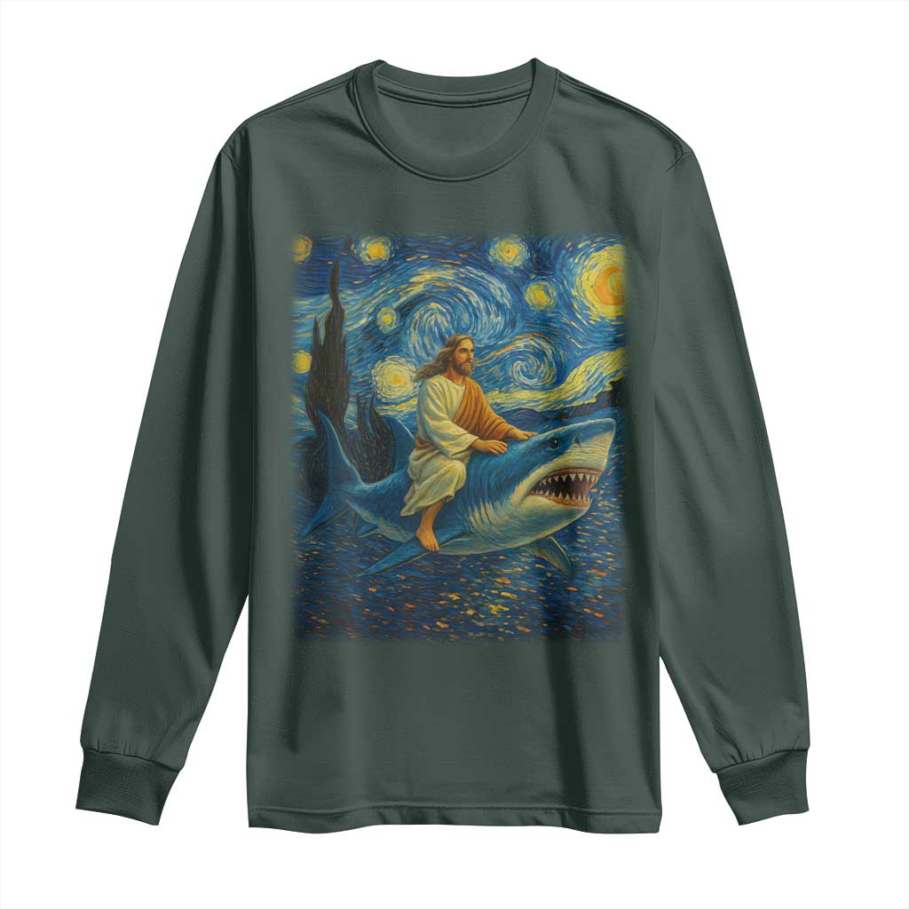 Jesus Shark Stary Night Long Sleeve Shirt Artist Van Gogh Christian TS14 Dark Forest Green Print Your Wear