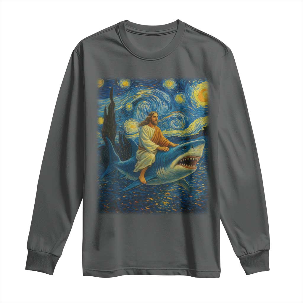 Jesus Shark Stary Night Long Sleeve Shirt Artist Van Gogh Christian TS14 Dark Heather Print Your Wear