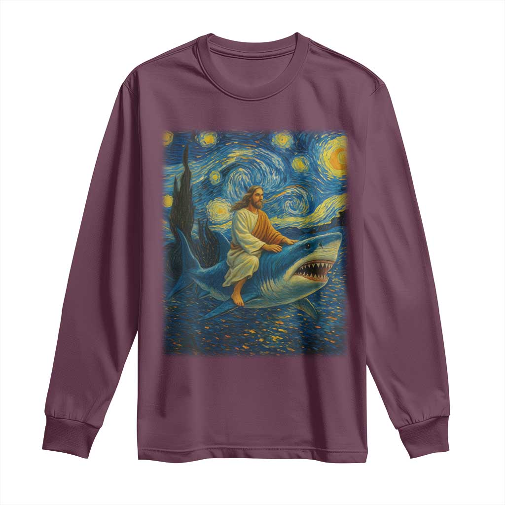 Jesus Shark Stary Night Long Sleeve Shirt Artist Van Gogh Christian TS14 Maroon Print Your Wear