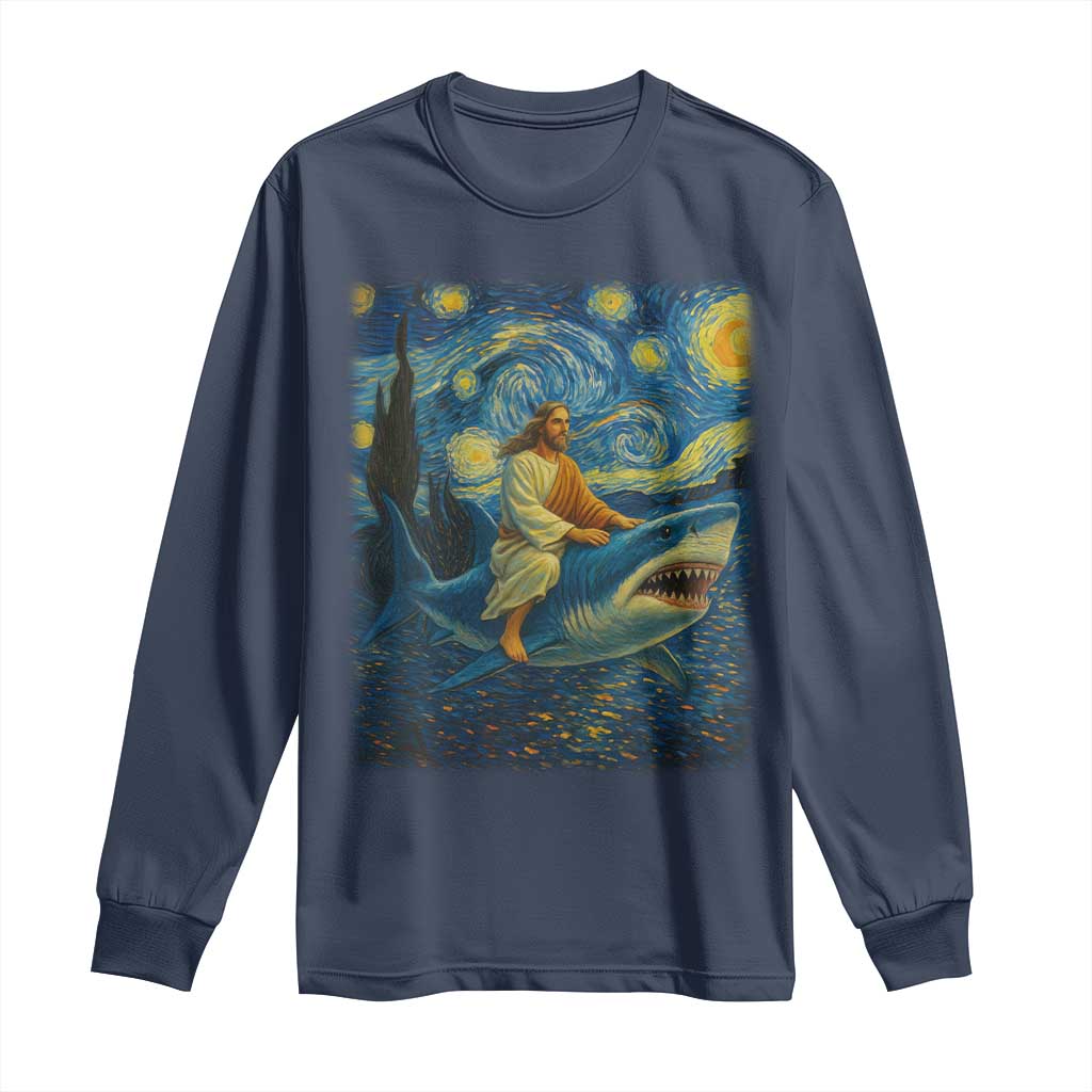 Jesus Shark Stary Night Long Sleeve Shirt Artist Van Gogh Christian TS14 Navy Print Your Wear
