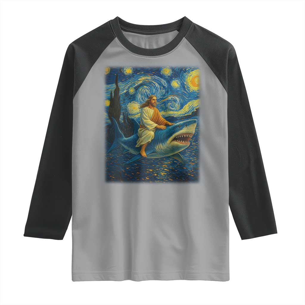 Jesus Shark Stary Night Raglan Shirt Artist Van Gogh Christian TS14 Sport Gray Black Print Your Wear