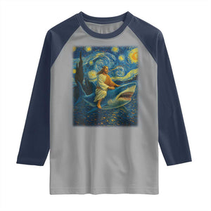 Jesus Shark Stary Night Raglan Shirt Artist Van Gogh Christian TS14 Sport Gray Navy Print Your Wear