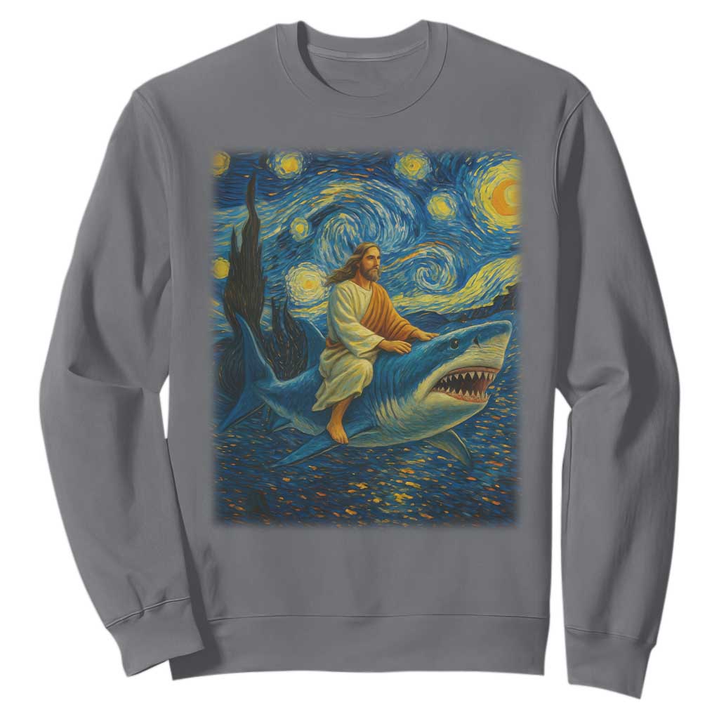 Jesus Shark Stary Night Sweatshirt Artist Van Gogh Christian TS14 Charcoal Print Your Wear