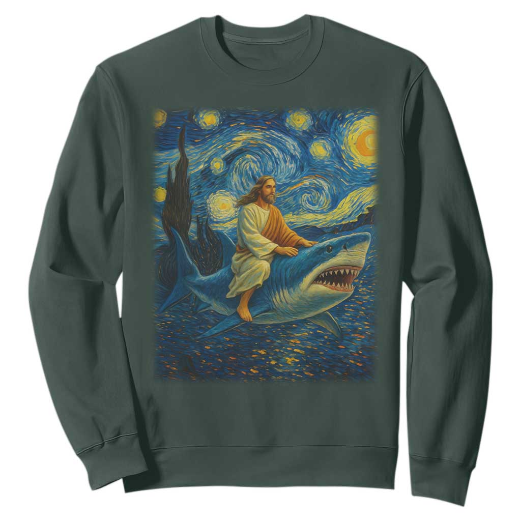 Jesus Shark Stary Night Sweatshirt Artist Van Gogh Christian TS14 Dark Forest Green Print Your Wear