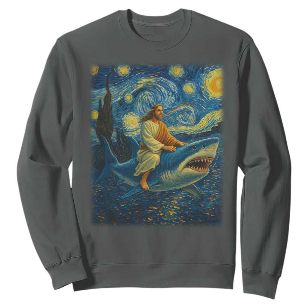 Jesus Shark Stary Night Sweatshirt Artist Van Gogh Christian TS14 Dark Heather Print Your Wear