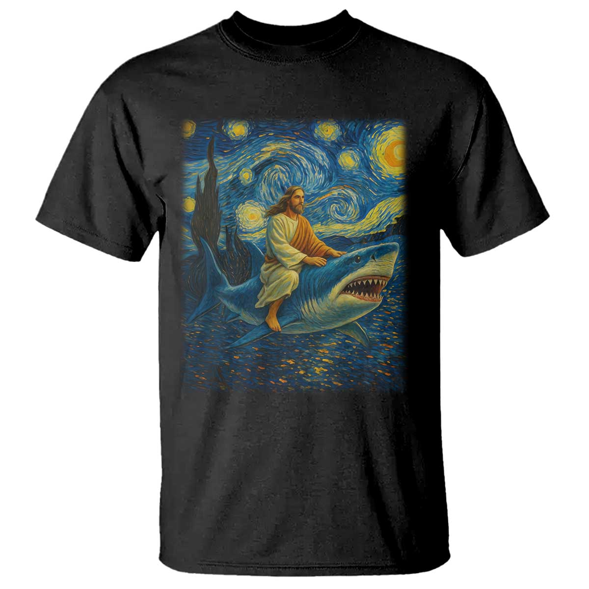 Jesus Shark Stary Night T Shirt Artist Van Gogh Christian TS14 Black Print Your Wear