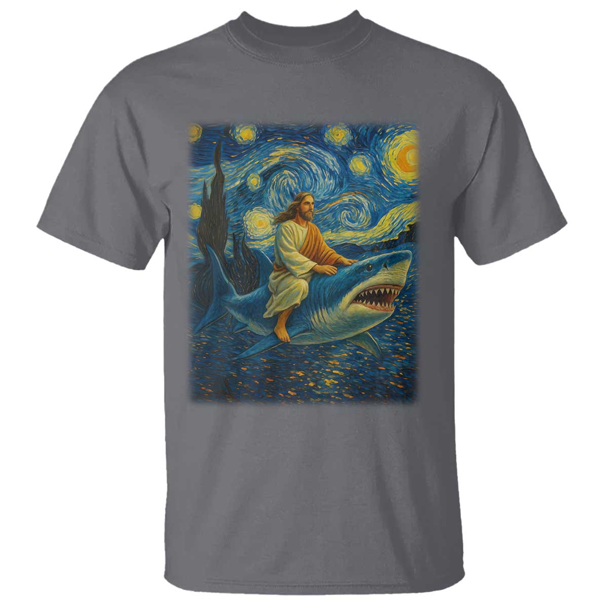 Jesus Shark Stary Night T Shirt Artist Van Gogh Christian TS14 Charcoal Print Your Wear
