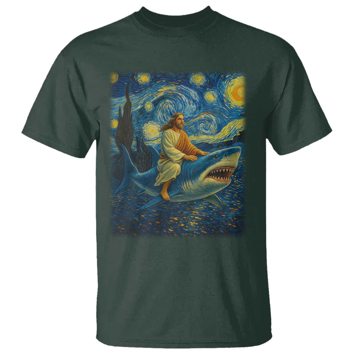 Jesus Shark Stary Night T Shirt Artist Van Gogh Christian TS14 Dark Forest Green Print Your Wear