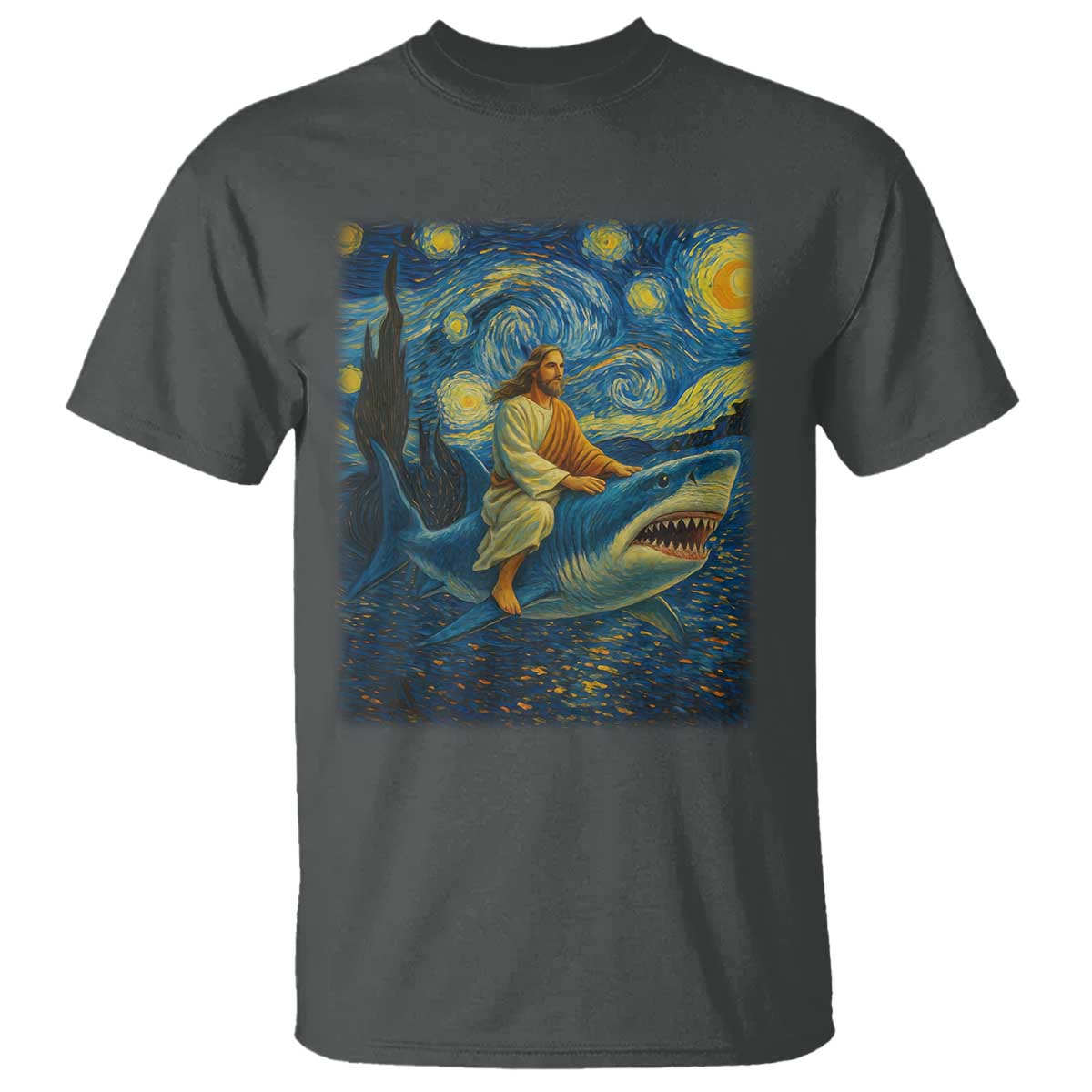 Jesus Shark Stary Night T Shirt Artist Van Gogh Christian TS14 Dark Heather Print Your Wear