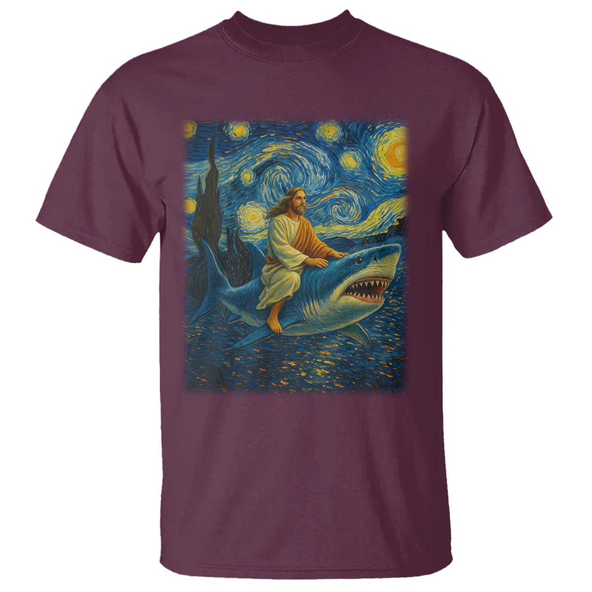 Jesus Shark Stary Night T Shirt Artist Van Gogh Christian TS14 Maroon Print Your Wear