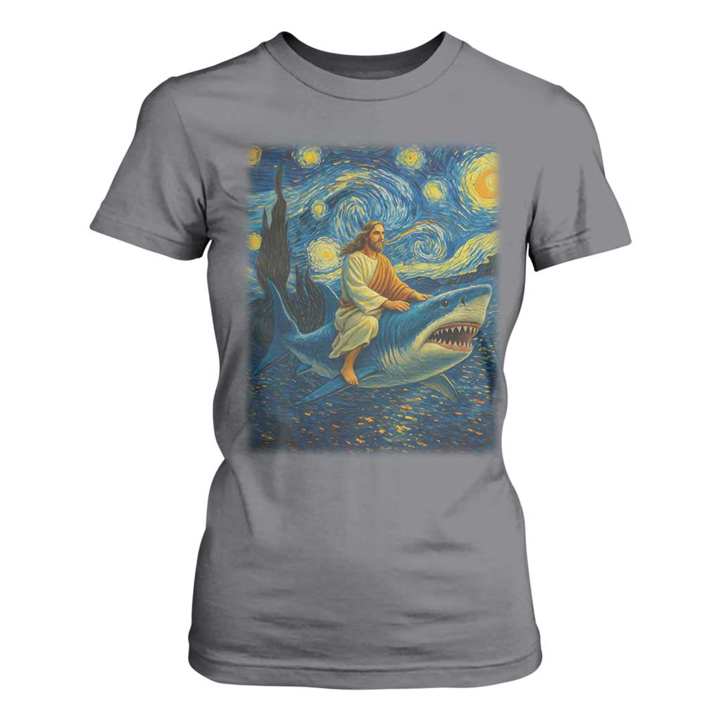 Jesus Shark Stary Night T Shirt For Women Artist Van Gogh Christian TS14 Charcoal Print Your Wear