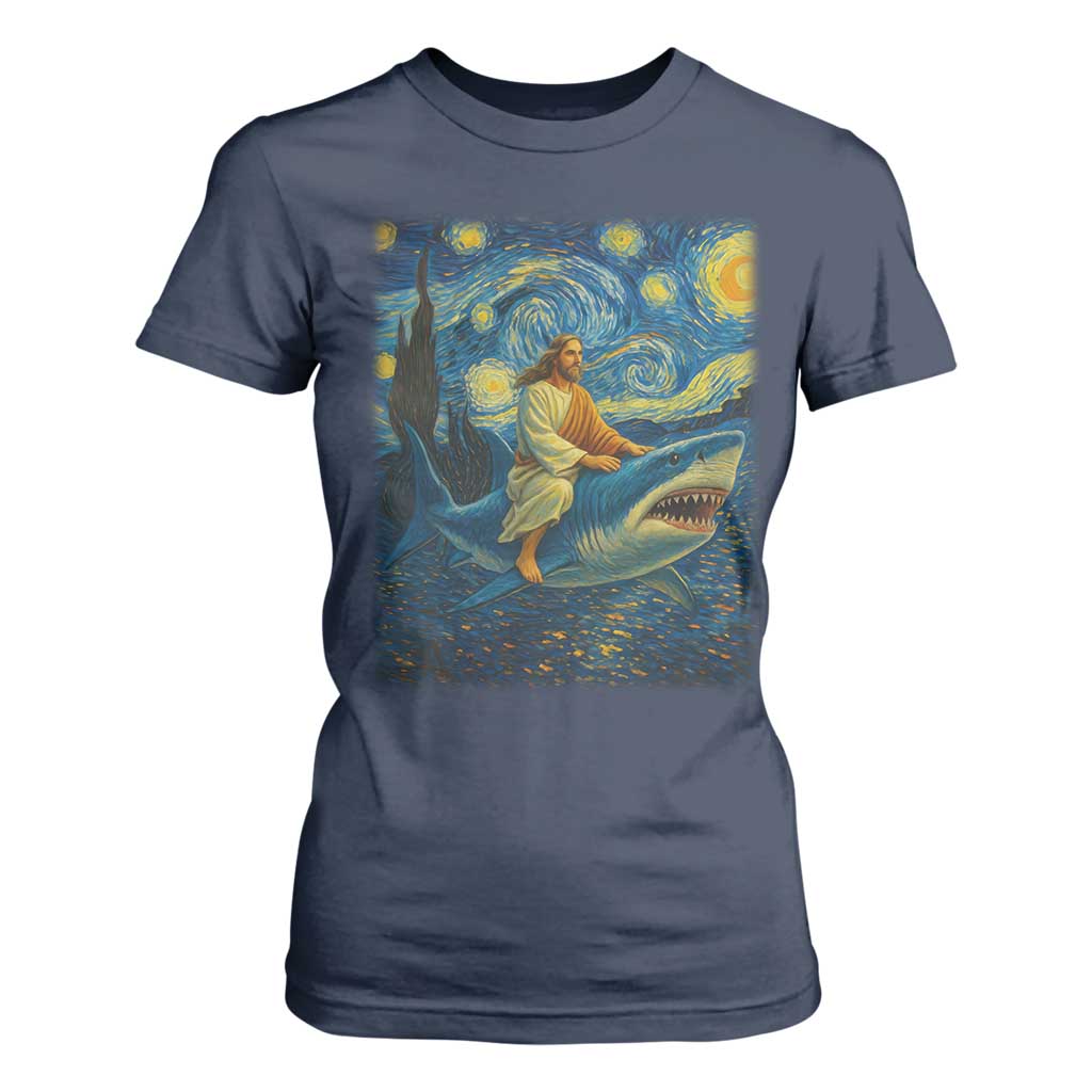 Jesus Shark Stary Night T Shirt For Women Artist Van Gogh Christian TS14 Navy Print Your Wear