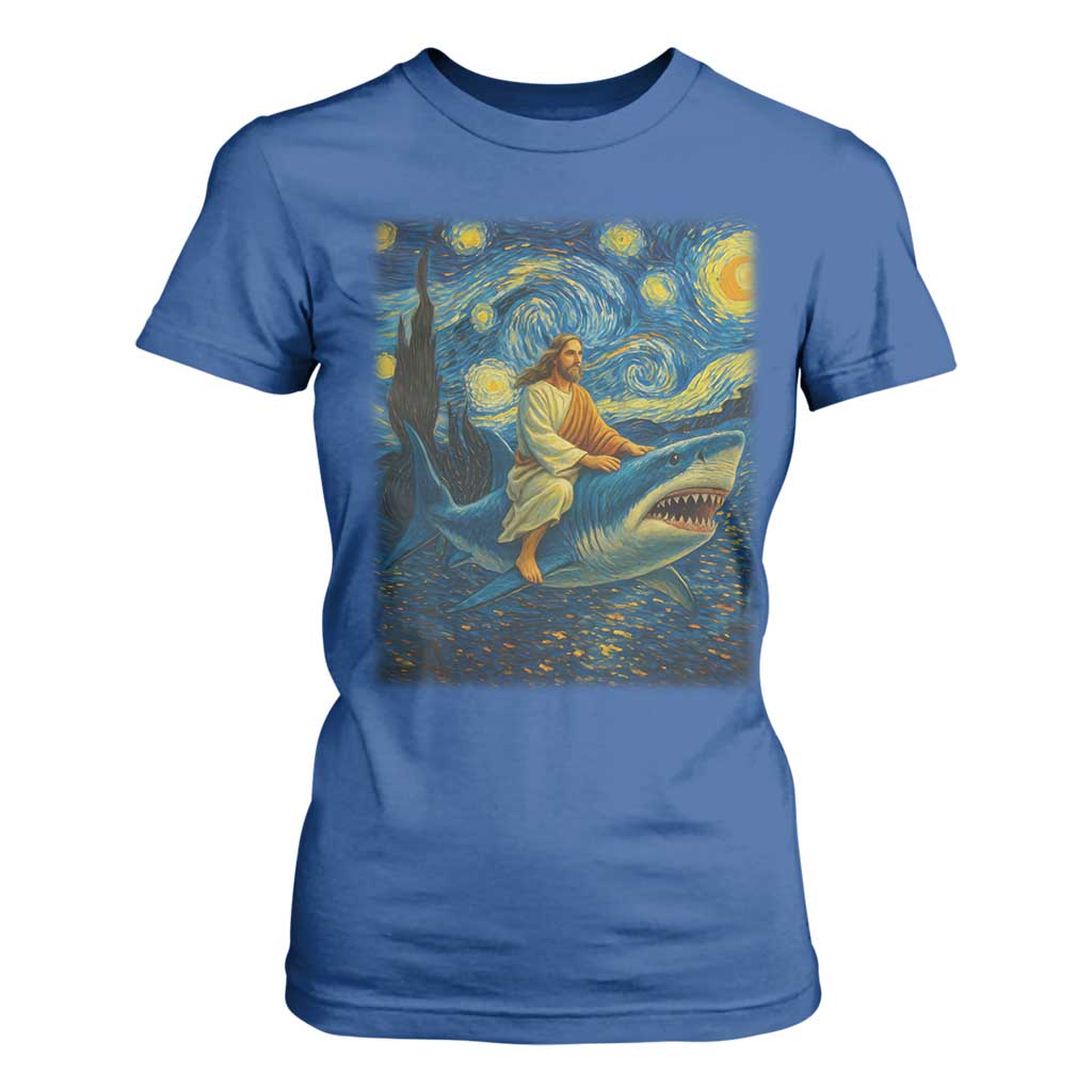 Jesus Shark Stary Night T Shirt For Women Artist Van Gogh Christian TS14 Royal Blue Print Your Wear