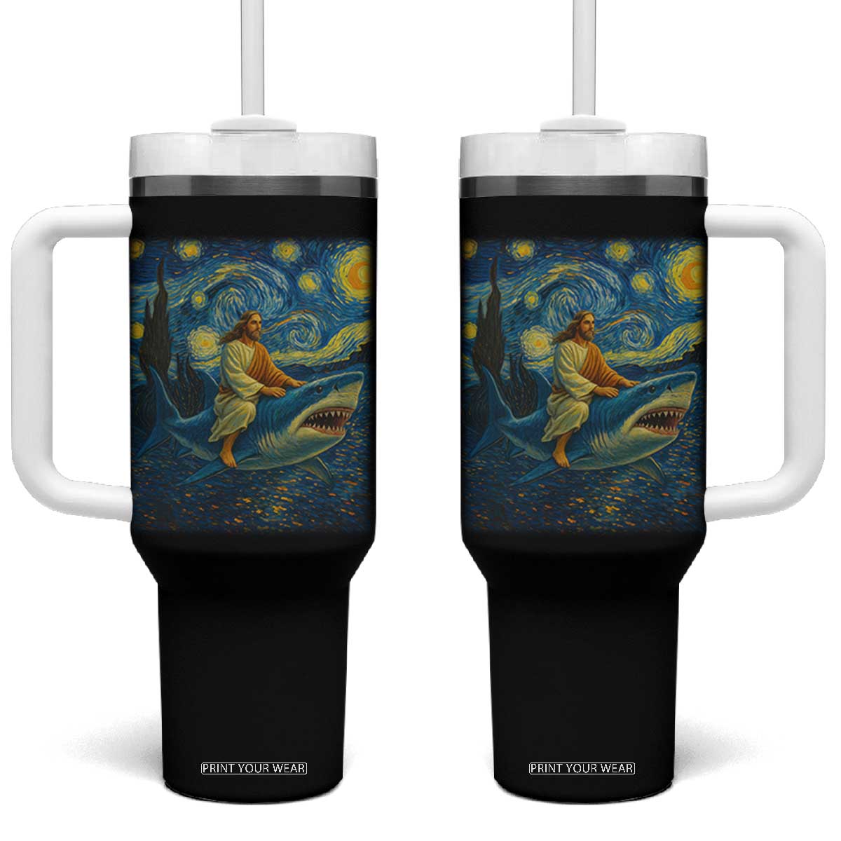 Jesus Shark Stary Night Tumbler With Handle Artist Van Gogh Christian TS14 One Size: 40 oz White Print Your Wear