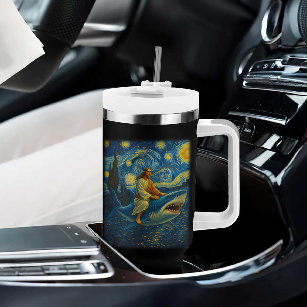 Jesus Shark Stary Night Tumbler With Handle Artist Van Gogh Christian TS14 Print Your Wear