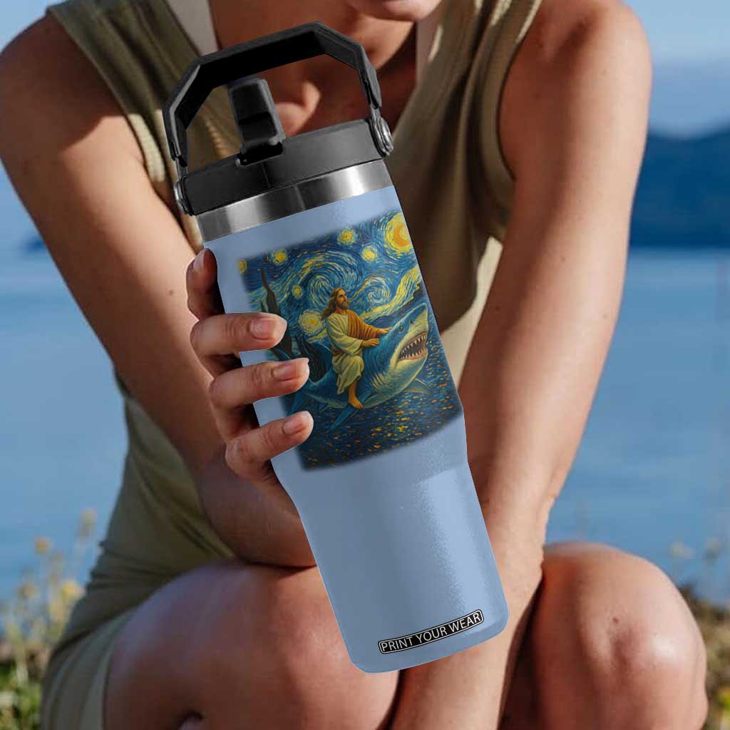Jesus Shark Stary Night Flip Straw Tumbler Artist Van Gogh Christian TS14 One Size: 30 oz Light Blue Print Your Wear