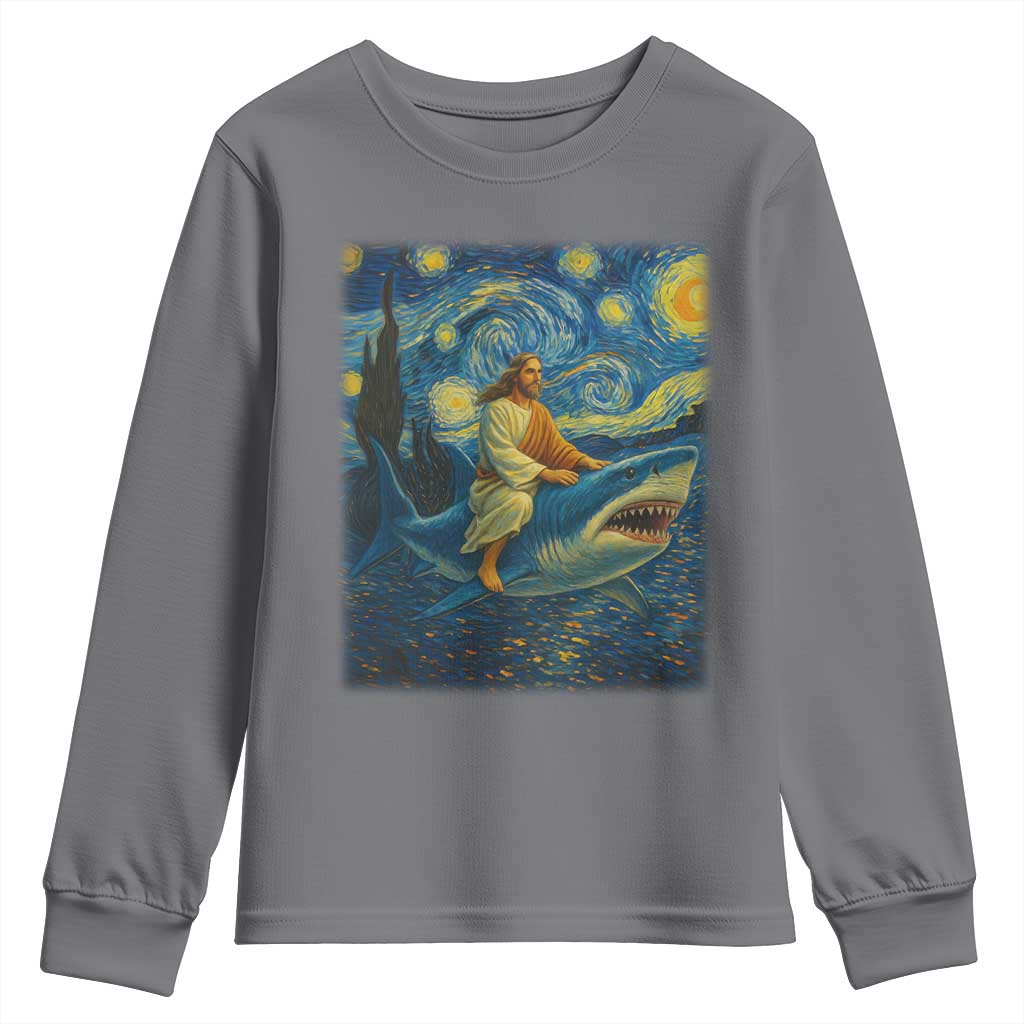Jesus Shark Stary Night Youth Sweatshirt Artist Van Gogh Christian TS14 Charcoal Print Your Wear