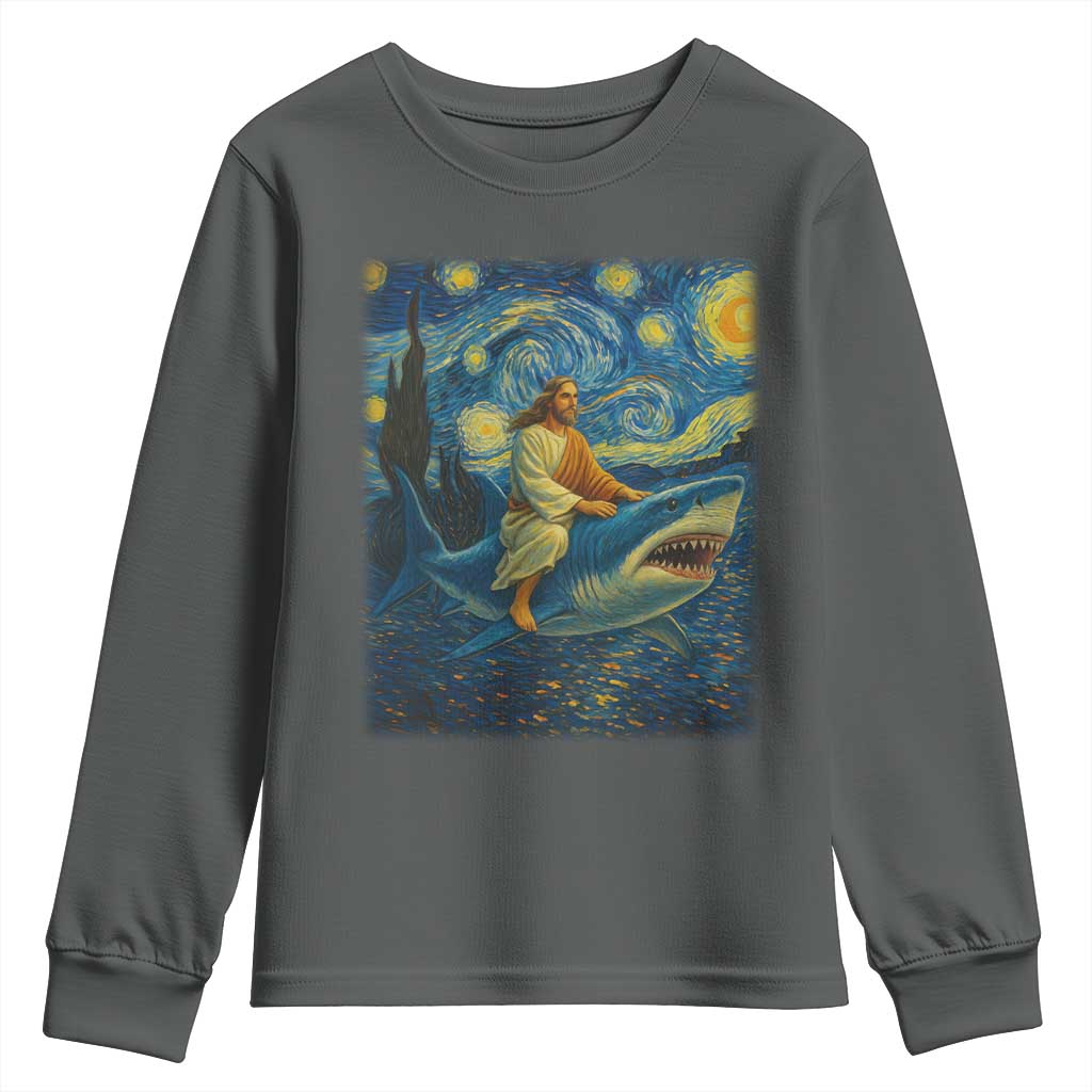 Jesus Shark Stary Night Youth Sweatshirt Artist Van Gogh Christian TS14 Dark Heather Print Your Wear