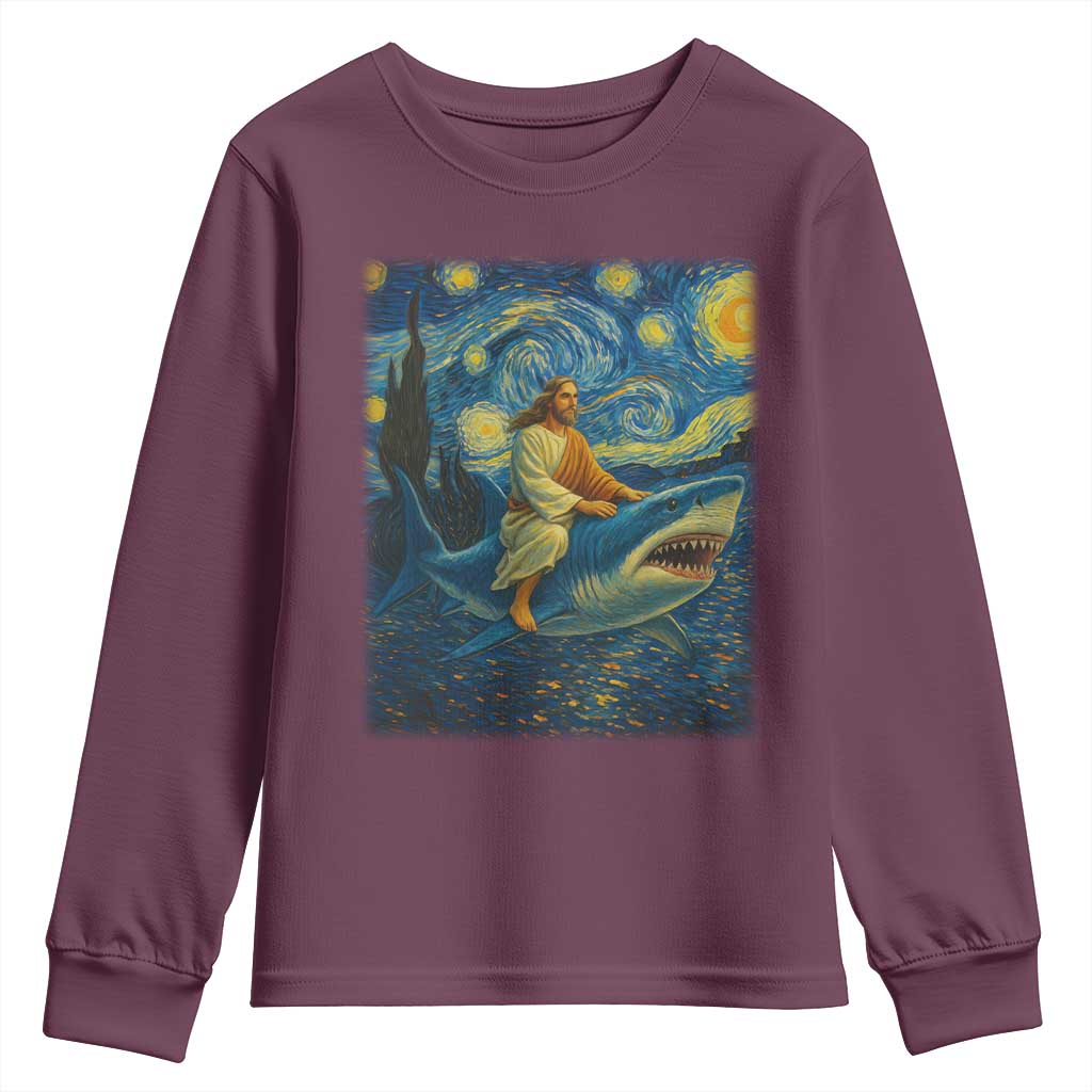 Jesus Shark Stary Night Youth Sweatshirt Artist Van Gogh Christian TS14 Maroon Print Your Wear