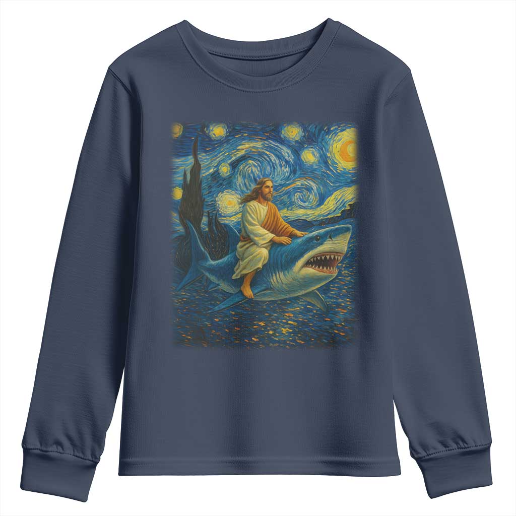 Jesus Shark Stary Night Youth Sweatshirt Artist Van Gogh Christian TS14 Navy Print Your Wear
