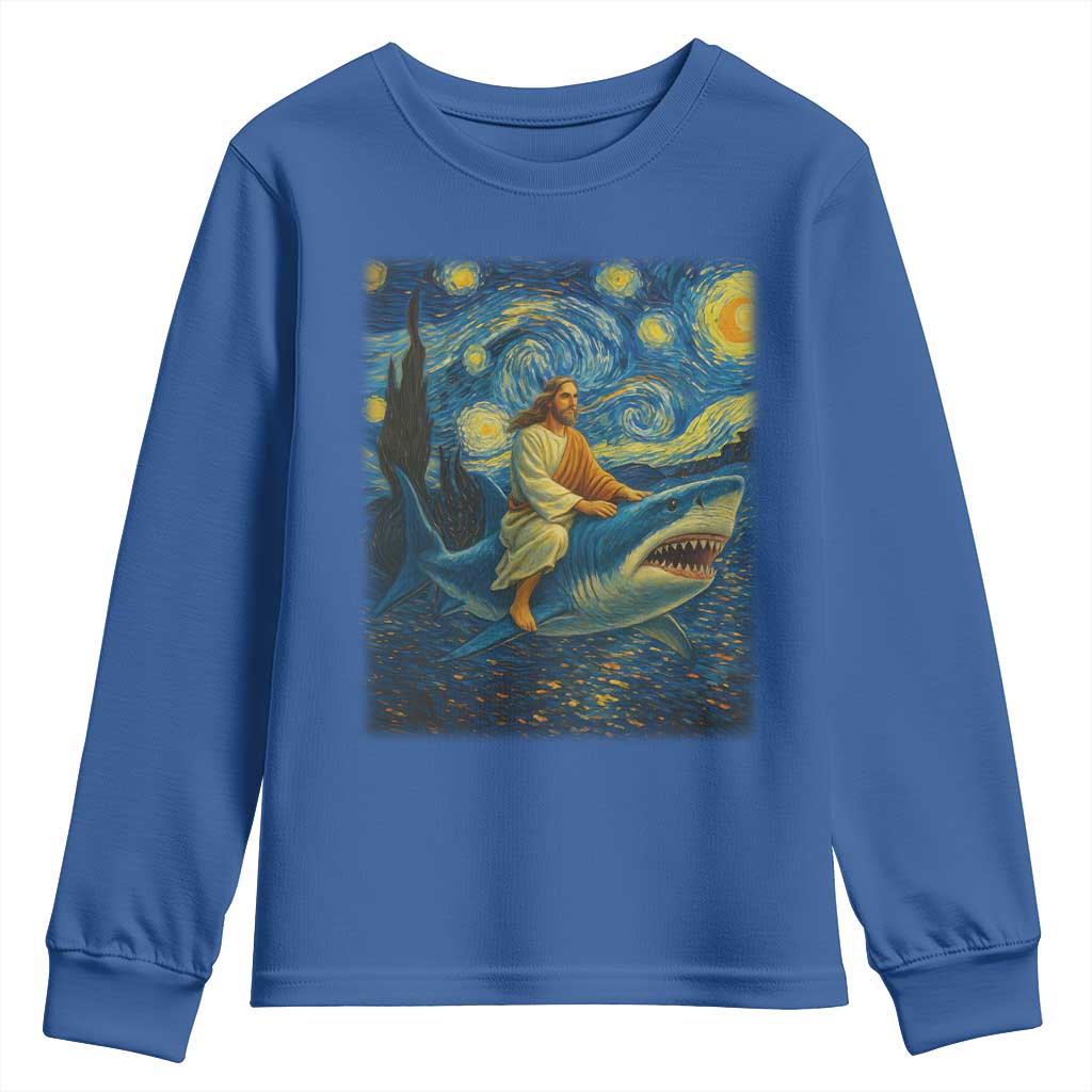 Jesus Shark Stary Night Youth Sweatshirt Artist Van Gogh Christian TS14 Royal Blue Print Your Wear
