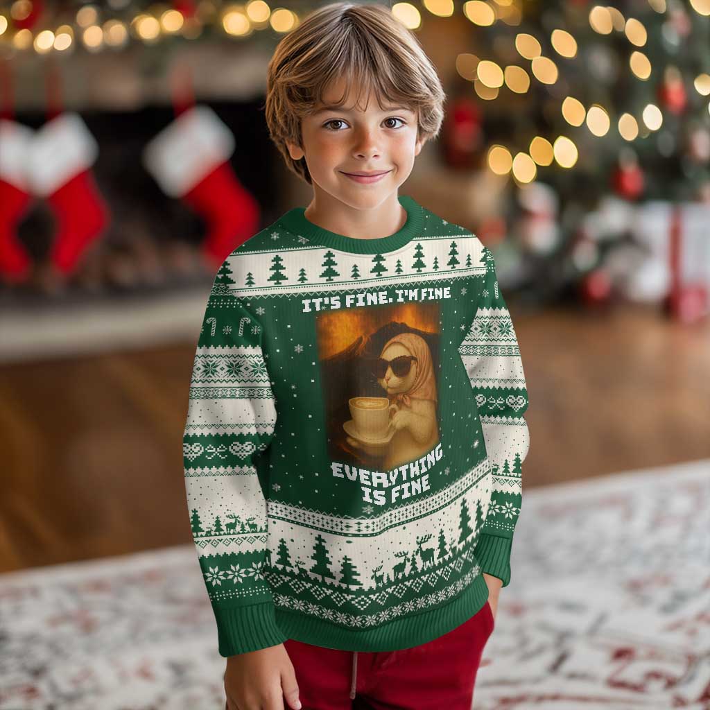 Funny Cat Meme Ugly Christmas Sweater It Is Fine I Am Fine Every Thing Is Fine TS14 Forest Green Beige Print Your Wear