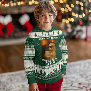 Funny Cat Meme Ugly Christmas Sweater It Is Fine I Am Fine Every Thing Is Fine TS14 Forest Green Beige Print Your Wear