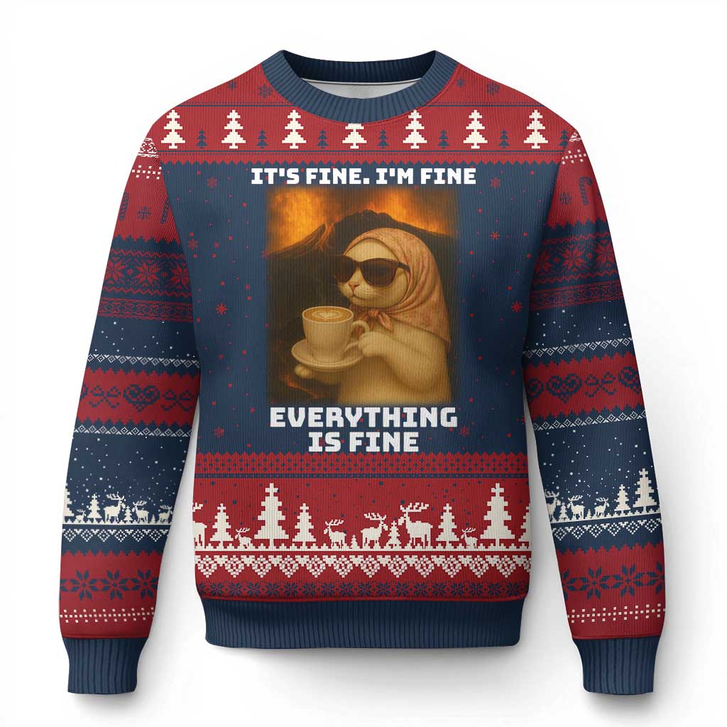 Funny Cat Meme Ugly Christmas Sweater It Is Fine I Am Fine Every Thing Is Fine TS14 Navy Red Print Your Wear