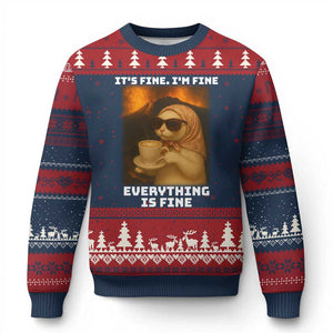 Funny Cat Meme Ugly Christmas Sweater It Is Fine I Am Fine Every Thing Is Fine TS14 Navy Red Print Your Wear