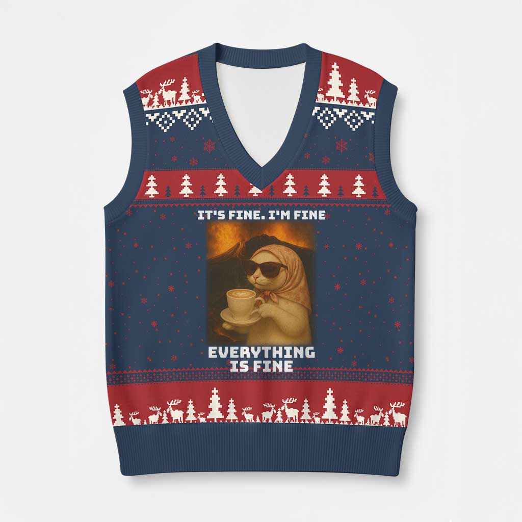 Funny Cat Meme V-Neck Knit Sweater Vest It Is Fine I Am Fine Every Thing Is Fine TS14 Navy Red Print Your Wear