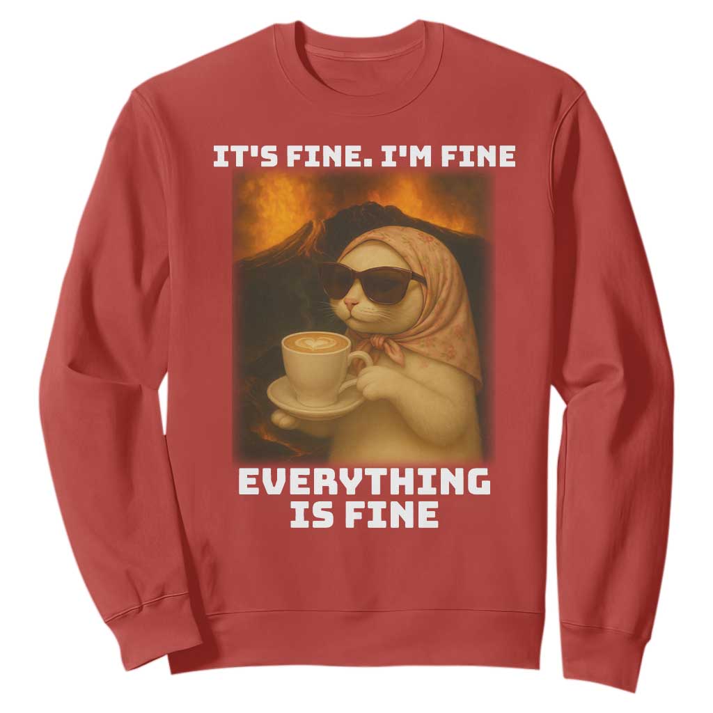 Funny Cat Meme Sweatshirt It Is Fine I Am Fine Every Thing Is Fine TS14 Red Print Your Wear
