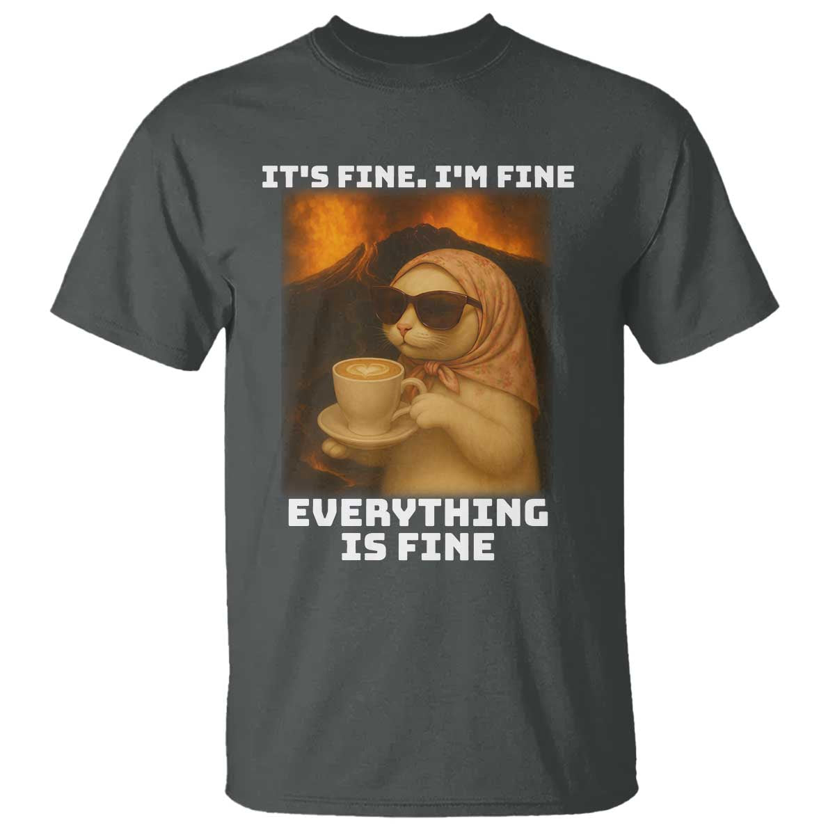 Funny Cat Meme T Shirt It Is Fine I Am Fine Every Thing Is Fine TS14 Dark Heather Print Your Wear