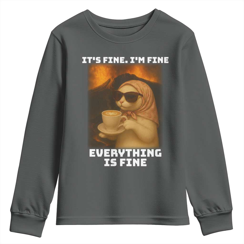Funny Cat Meme Youth Sweatshirt It Is Fine I Am Fine Every Thing Is Fine TS14 Dark Heather Print Your Wear