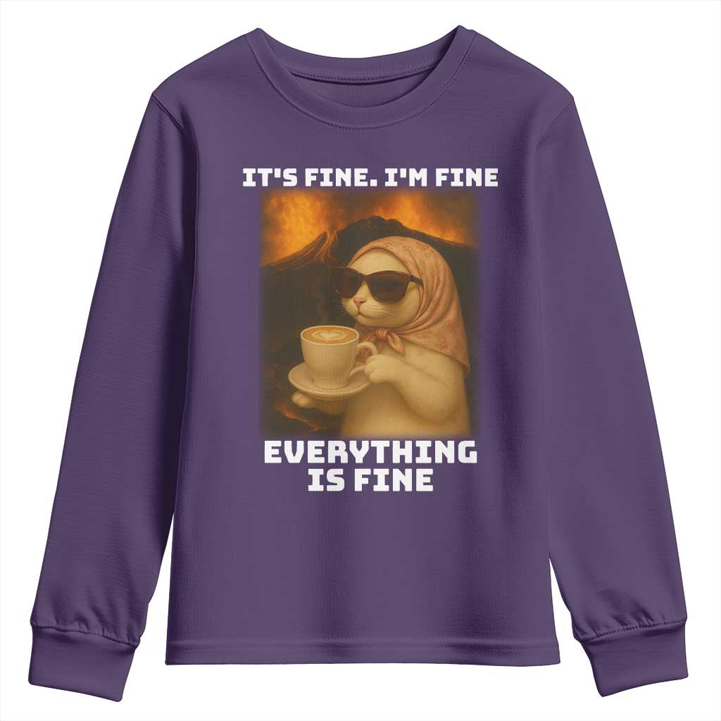 Funny Cat Meme Youth Sweatshirt It Is Fine I Am Fine Every Thing Is Fine TS14 Purple Print Your Wear
