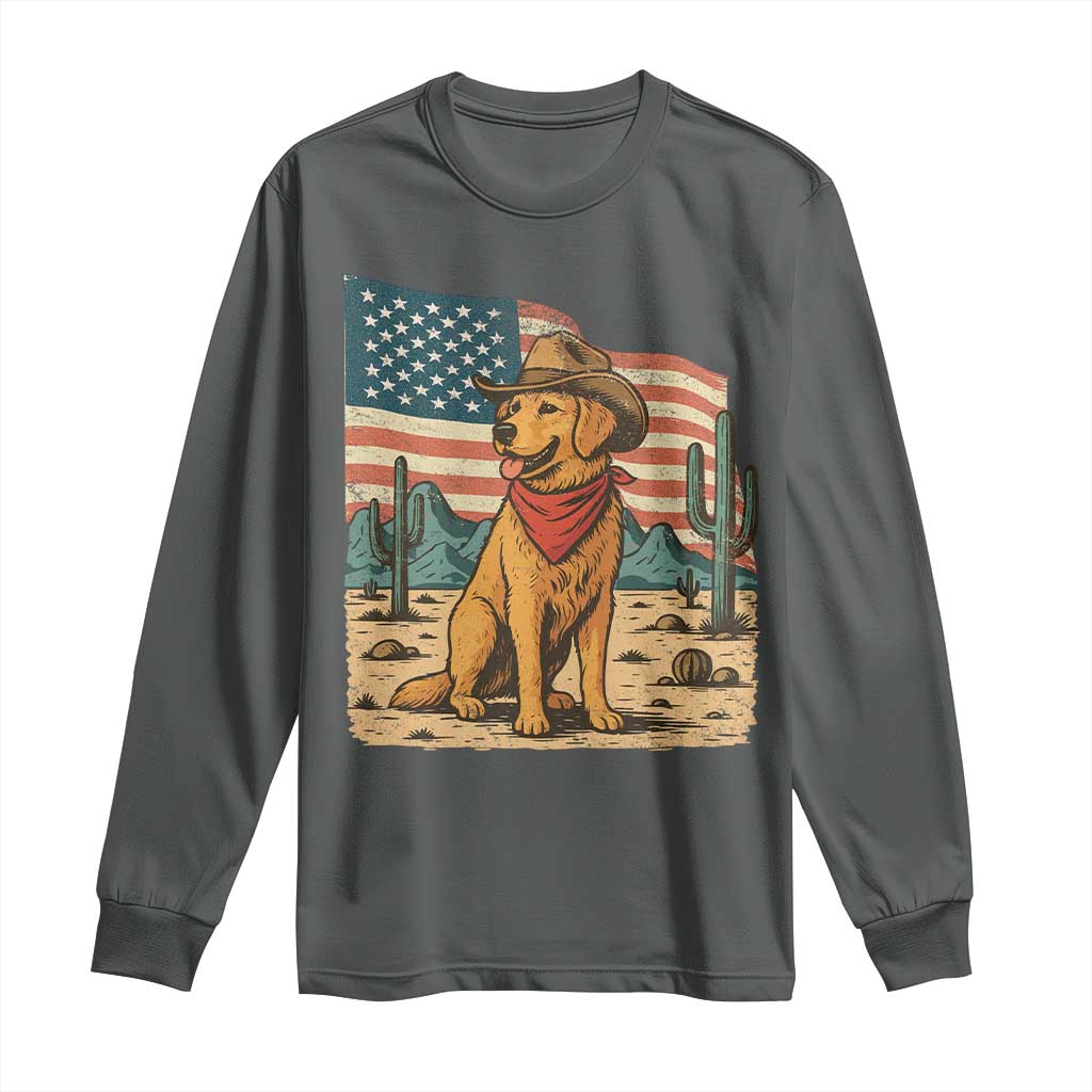 Patriotic Cowboy Dog Long Sleeve Shirt American Flag Western Country TS14 Dark Heather Print Your Wear