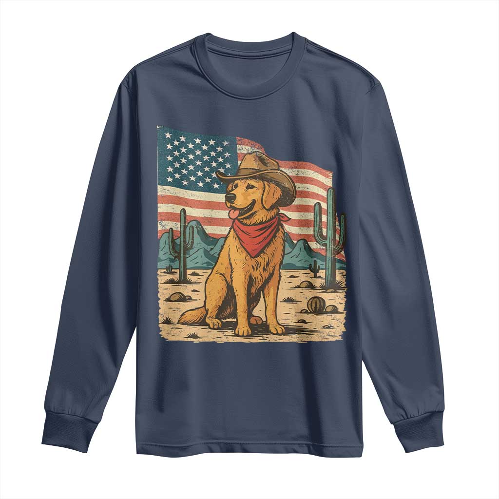 Patriotic Cowboy Dog Long Sleeve Shirt American Flag Western Country TS14 Navy Print Your Wear
