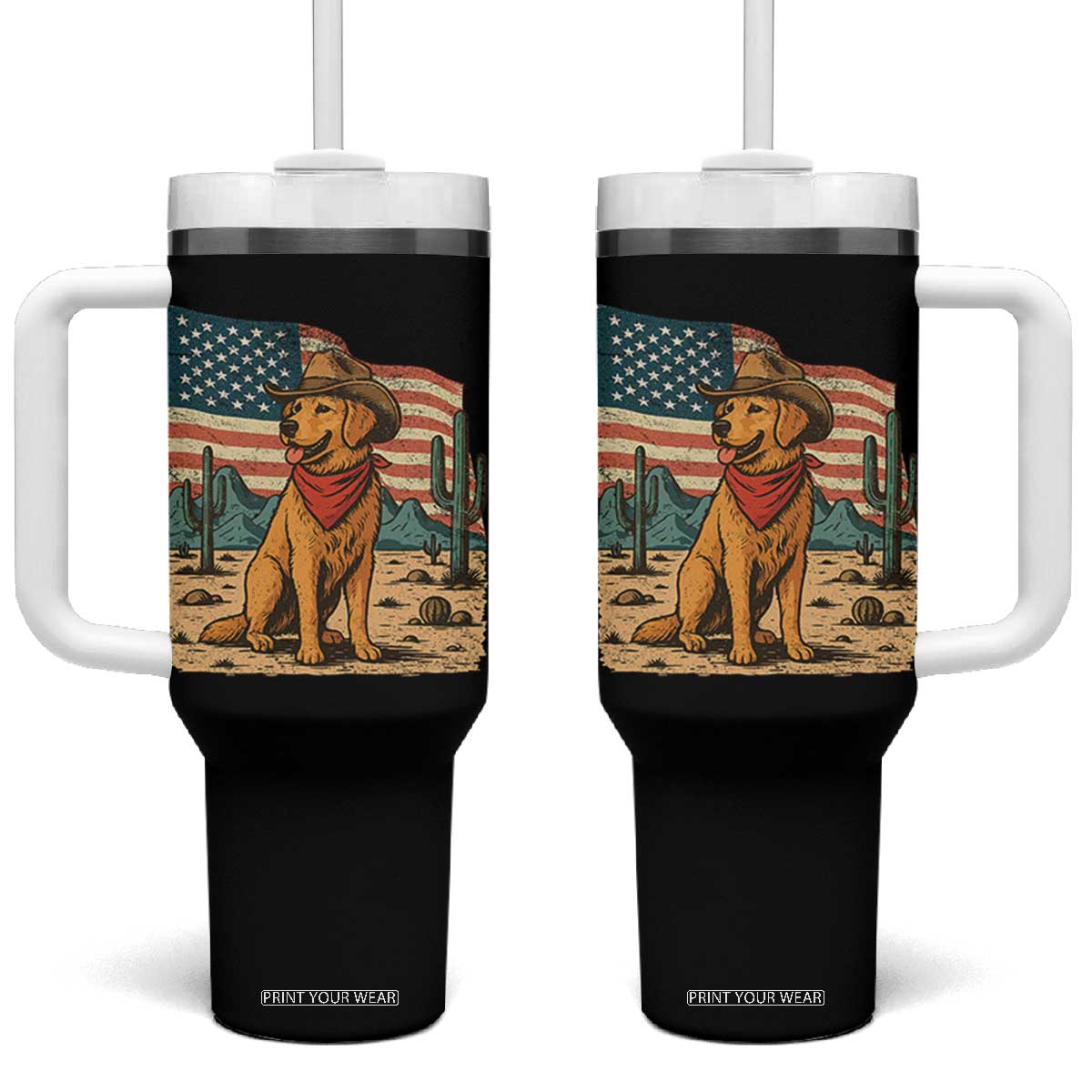 Patriotic Cowboy Dog Tumbler With Handle American Flag Western Country TS14 One Size: 40 oz Black Print Your Wear