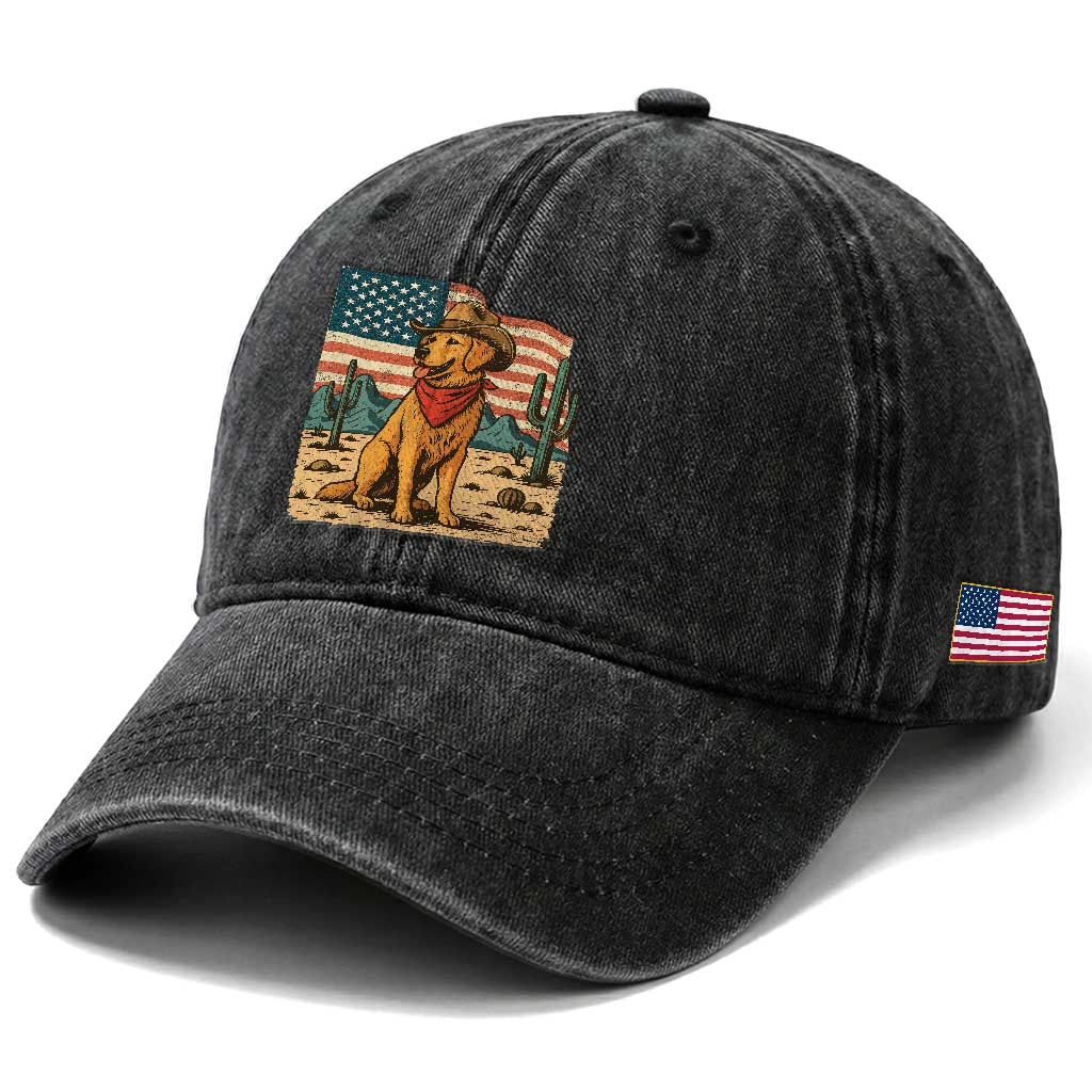 Patriotic Cowboy Dog Washed Cotton Baseball Cap American Flag Western Country TS14 Print Your Wear