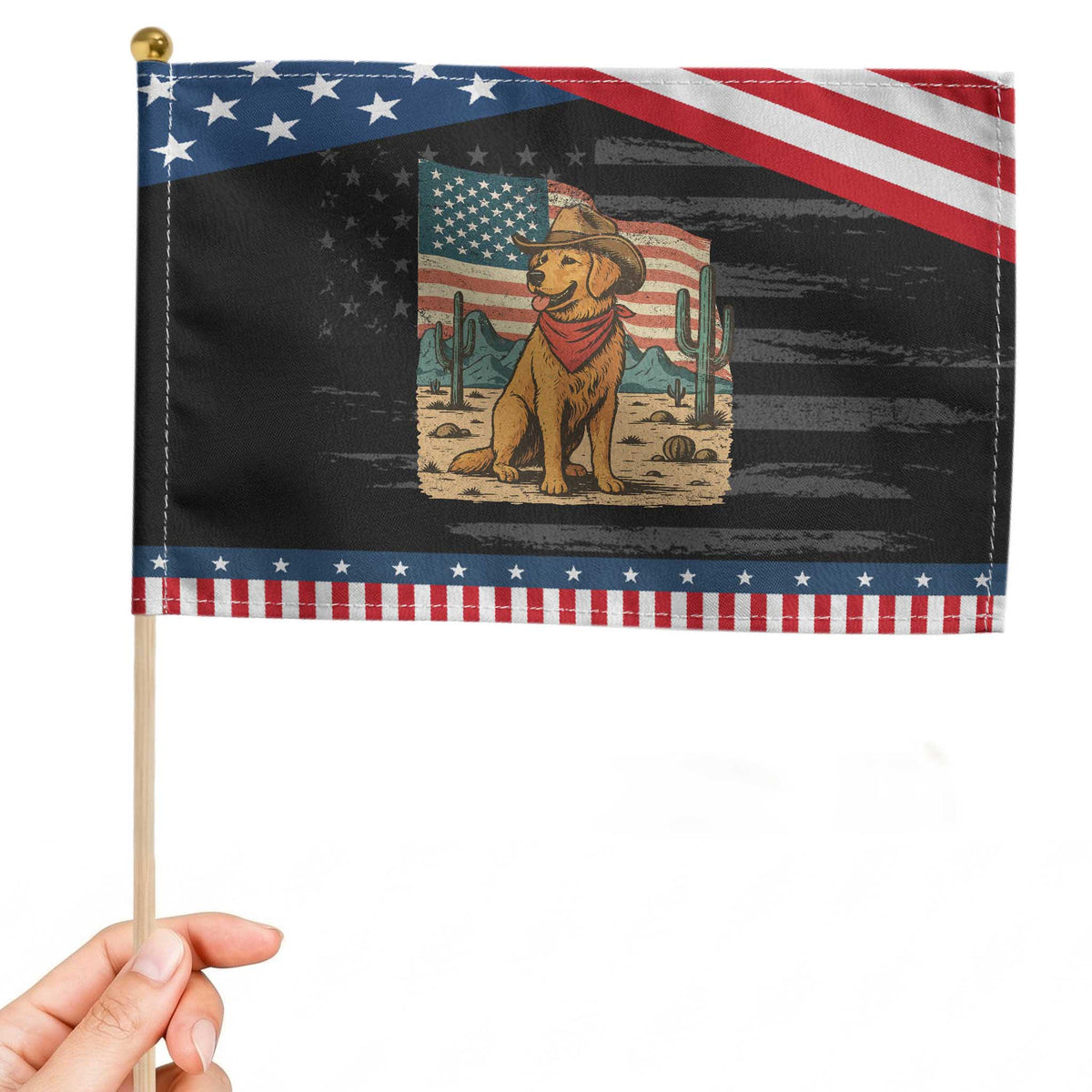Cowboy Hat Golden Retriever Us Flag 4th Of July Patriotic Handheld Flag TS14 Distressed 8.2