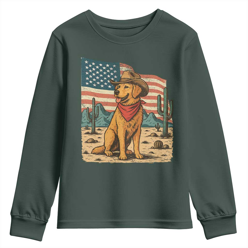 Patriotic Cowboy Dog Youth Sweatshirt American Flag Western Country TS14 Dark Forest Green Print Your Wear