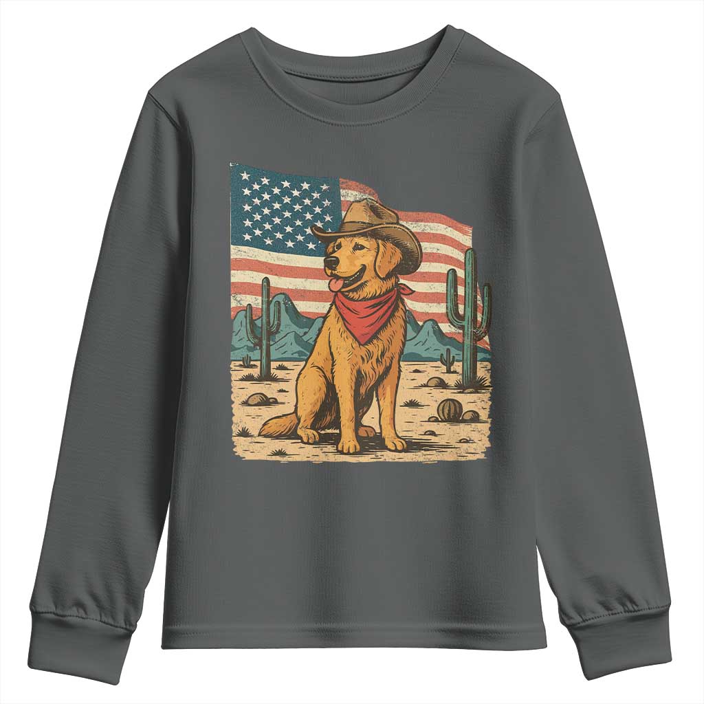 Patriotic Cowboy Dog Youth Sweatshirt American Flag Western Country TS14 Dark Heather Print Your Wear
