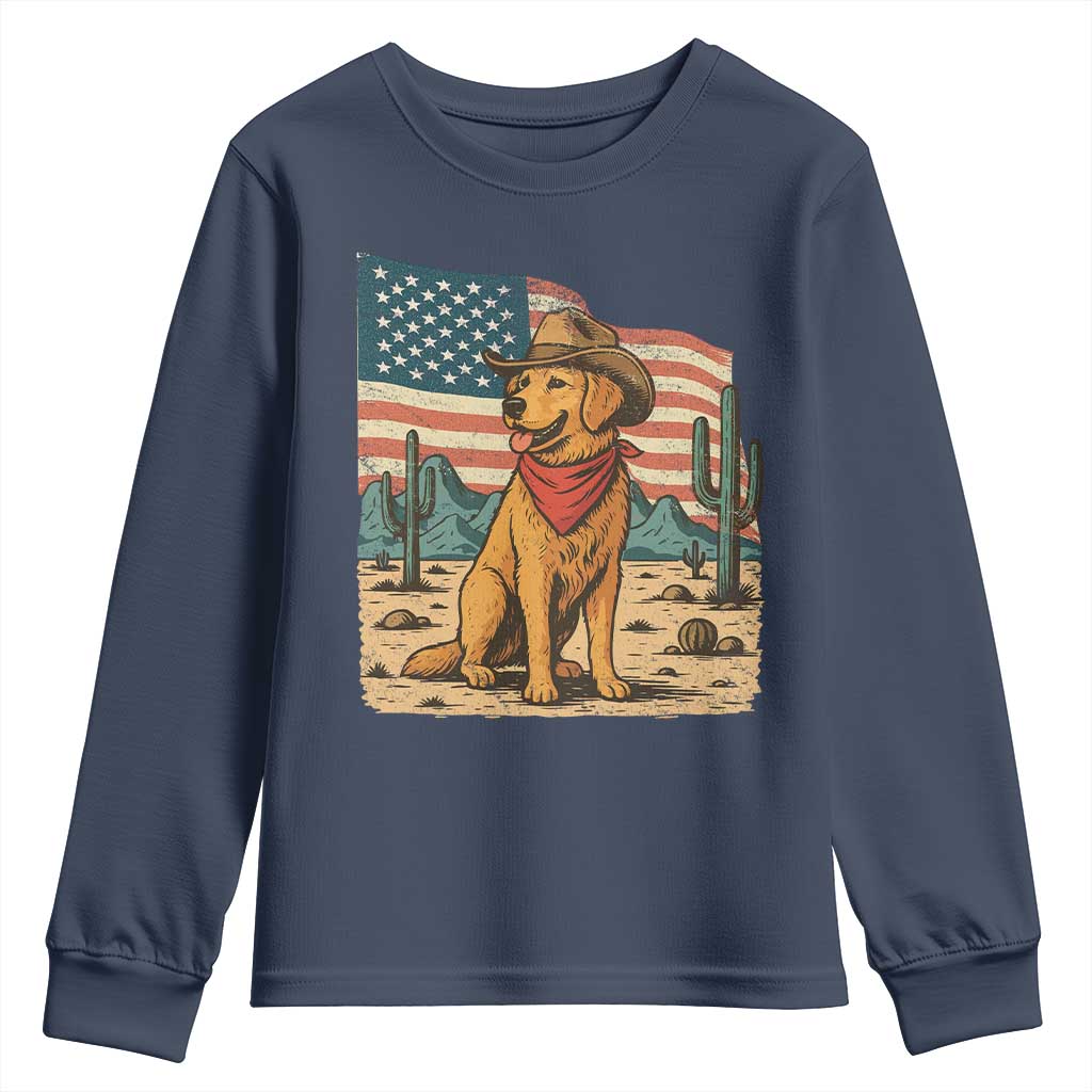 Patriotic Cowboy Dog Youth Sweatshirt American Flag Western Country TS14 Navy Print Your Wear