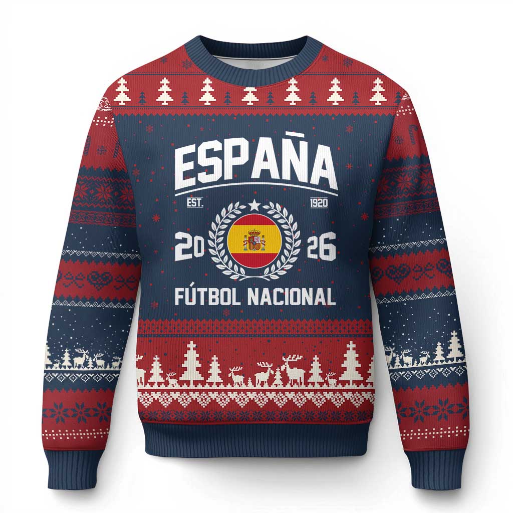 Spain 2026 Soccer Football Fan Spanish Flag Ugly Christmas Sweater TS14 Navy Red Print Your Wear
