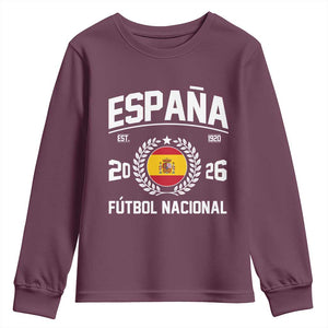 Spain 2026 Soccer Football Fan Spanish Flag Youth Sweatshirt TS14 Maroon Print Your Wear